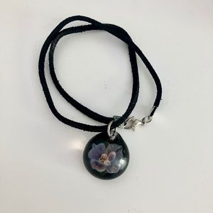 Black and purple glass orchid flower pendant necklace - handmade glass